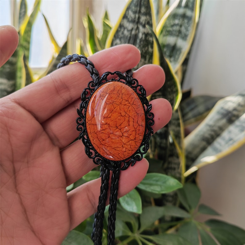 Orange Coral Stone Bolo Tie: Black Western Cowboy Necktie