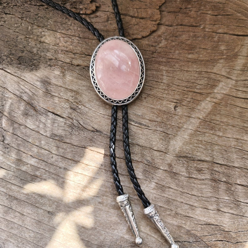 Pink Crystal Bolo Tie: Stainless Steel Western Necklace, PU Leather Cord
