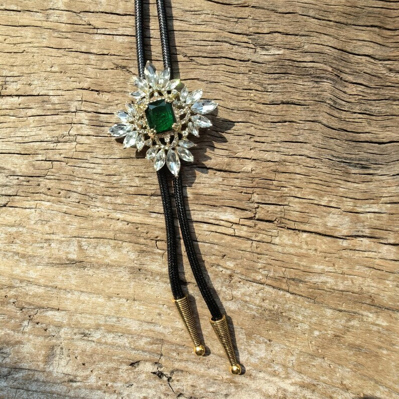 Green Acrylic Rhombus Bolo Tie: Western Cowboy PU Leather Necklace