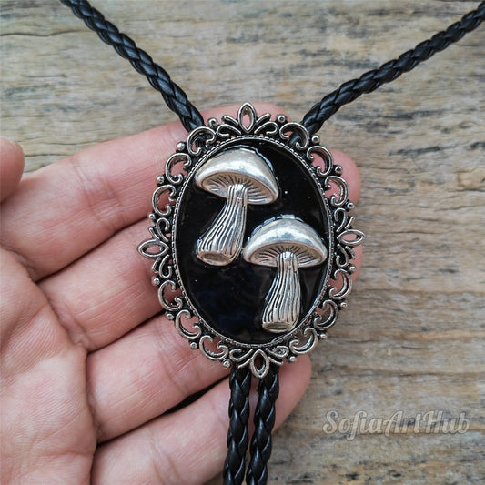 Two Silver Mushrooms Bola Bolo Tie