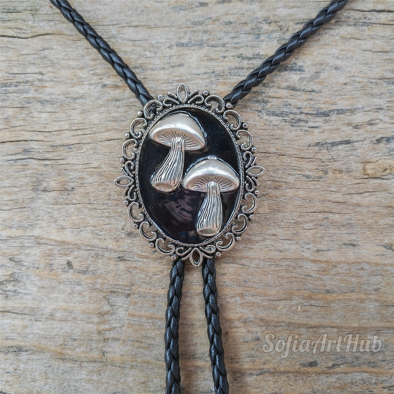 Two Silver Mushrooms Bola Bolo Tie