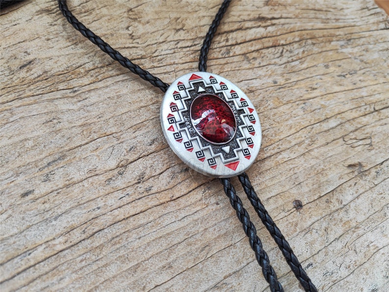 Southwest Totem Ruby Bolo Tie: Silver