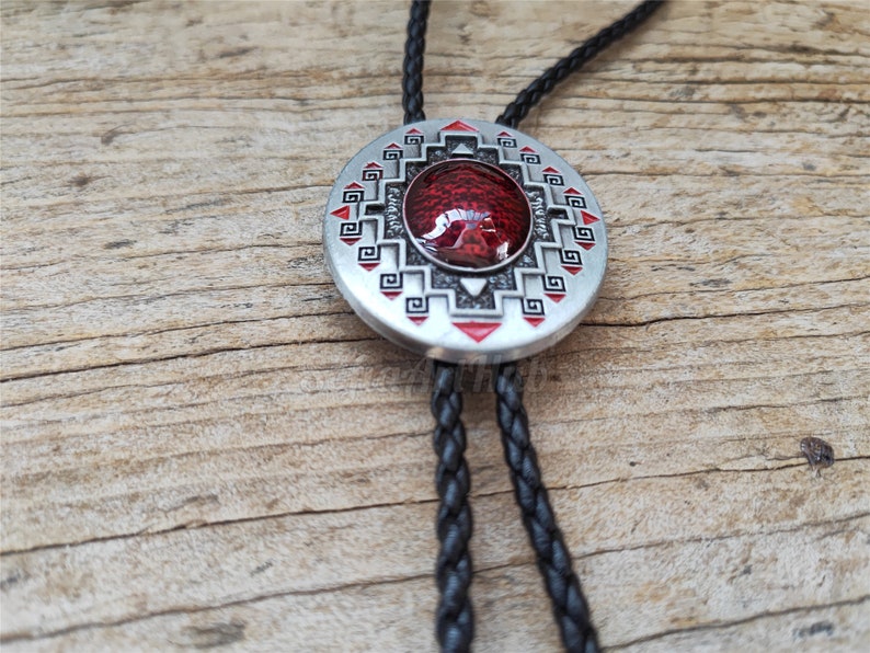 Southwest Totem Ruby Bolo Tie: Silver