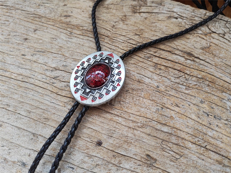 Southwest Totem Ruby Bolo Tie: Silver