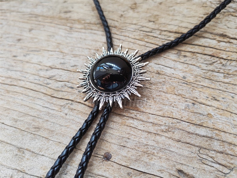 Black Agate Sun Bolo Tie: Silver-Plated Western Cowboy Necktie
