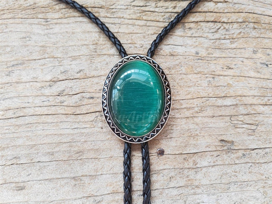 Dark Green Jade Bolo Tie: Western Cowboy Silver-Plated Necktie