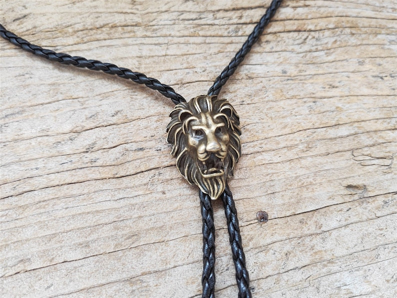 Copper Lion Head Bolo Tie: Western Cowboy Necklace, PU Leather