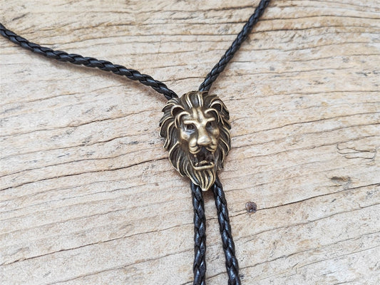 Copper Lion Head Bolo Tie: Western Cowboy Necklace, PU Leather