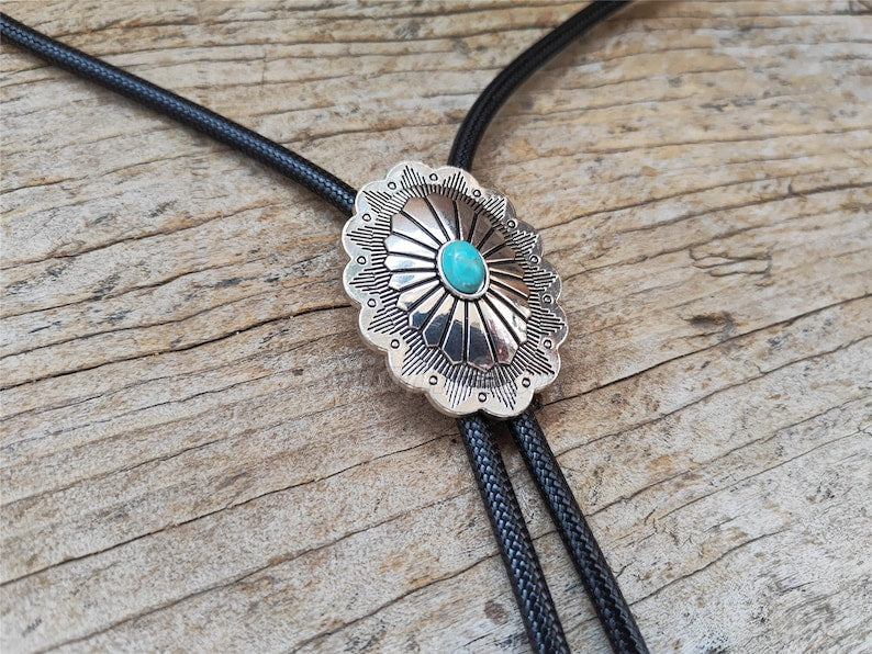 Silver Flower Turquoise Bolo Tie: Western Cowboy Necktie