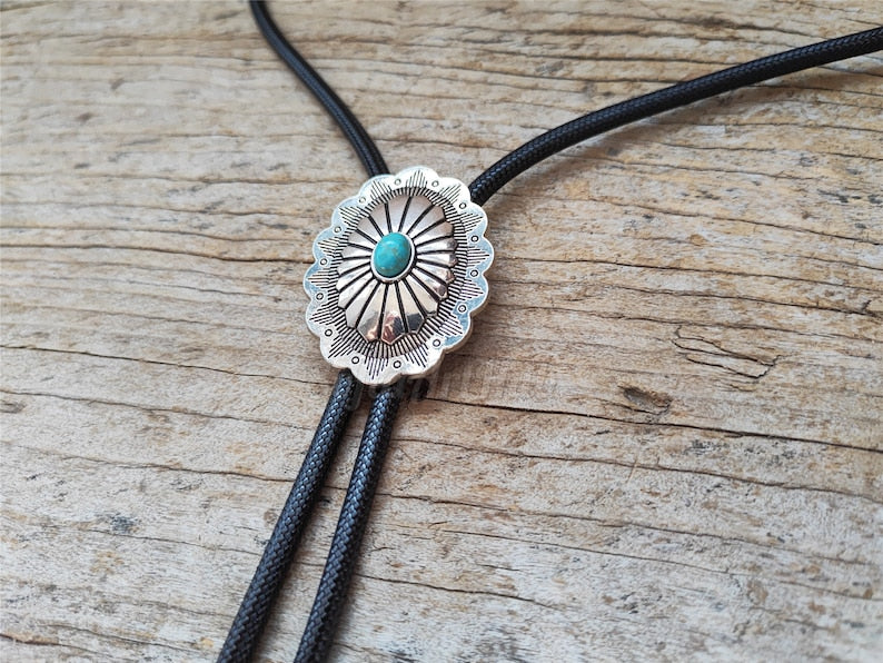 Silver Flower Turquoise Bolo Tie: Western Cowboy Necktie