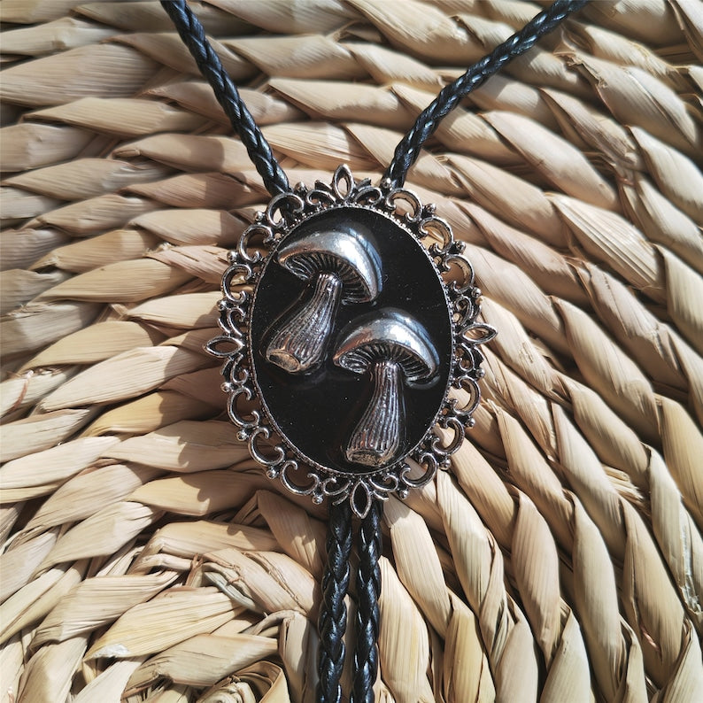 Two Silver Mushrooms Bola Bolo Tie
