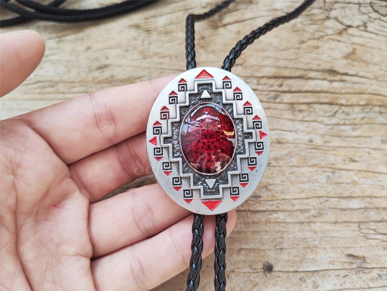 Southwest Totem Ruby Bolo Tie: Silver