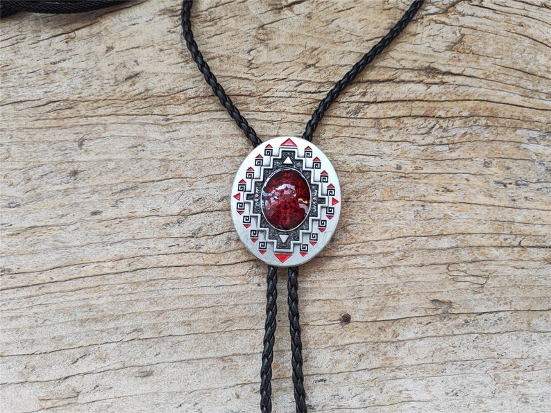 Southwest Totem Ruby Bolo Tie: Silver