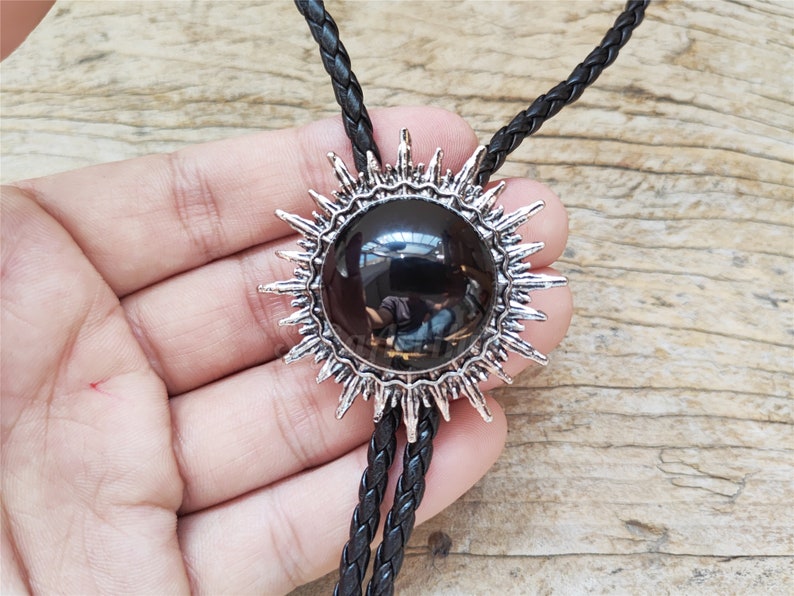 Black Agate Sun Bolo Tie: Silver-Plated Western Cowboy Necktie
