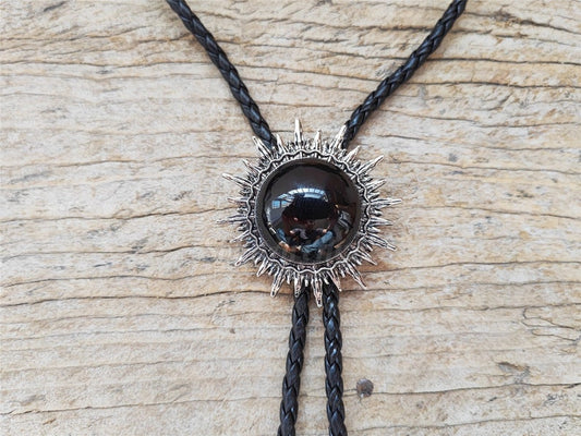 Black Agate Sun Bolo Tie: Silver-Plated Western Cowboy Necktie