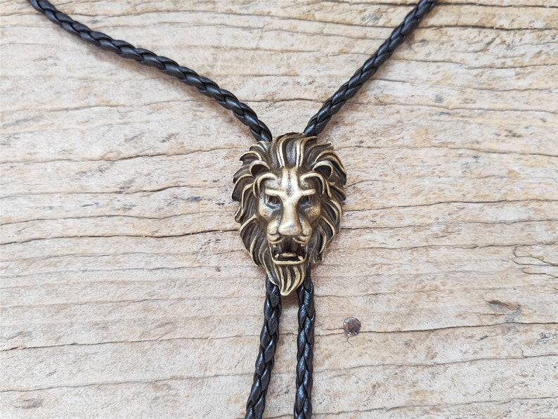 Copper Lion Head Bolo Tie: Western Cowboy Necklace, PU Leather