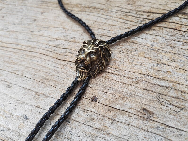 Copper Lion Head Bolo Tie: Western Cowboy Necklace, PU Leather