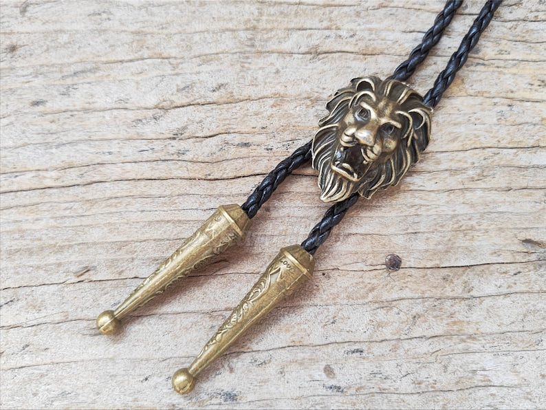 Copper Lion Head Bolo Tie: Western Cowboy Necklace, PU Leather