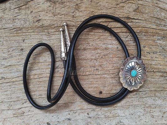 Silver Flower Turquoise Bolo Tie: Western Cowboy Necktie