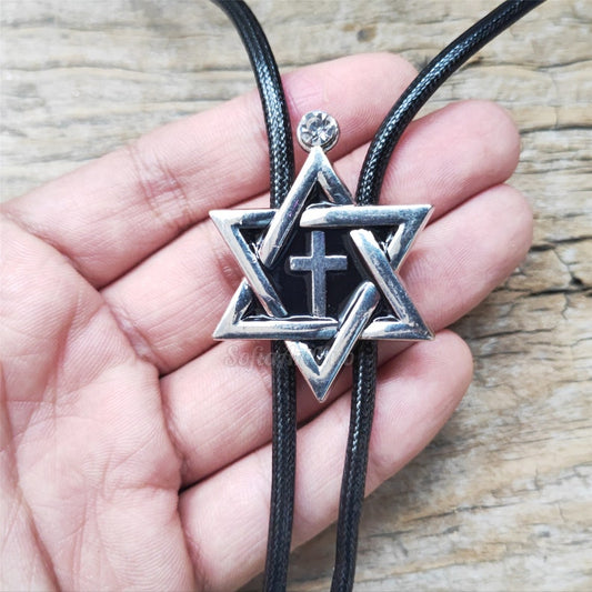 Hexagram Cross Bolo Tie: Western Cowboy Stainless Steel Necklace