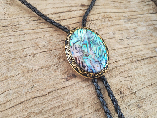 Abalone Shell Bolo Tie: Golden Western Cowboy Necktie