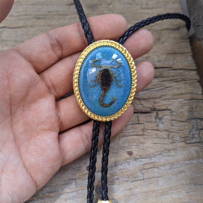 Scorpion Bolo Tie: Golden Blue Western Cowboy Necktie