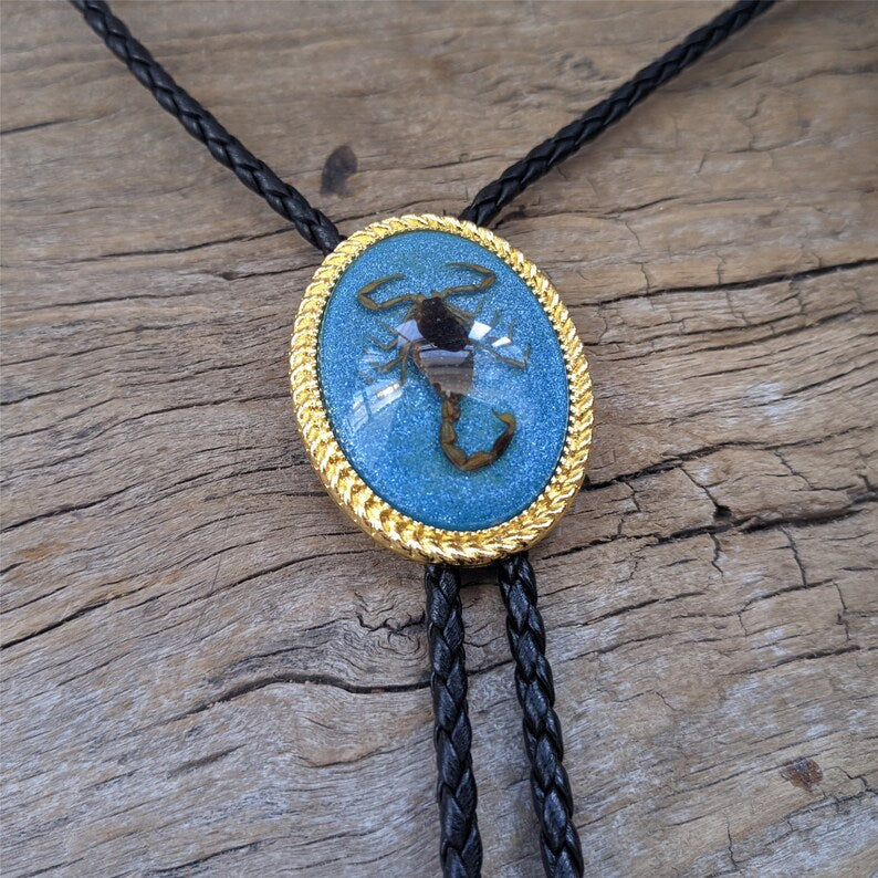 Scorpion Bolo Tie: Golden Blue Western Cowboy Necktie