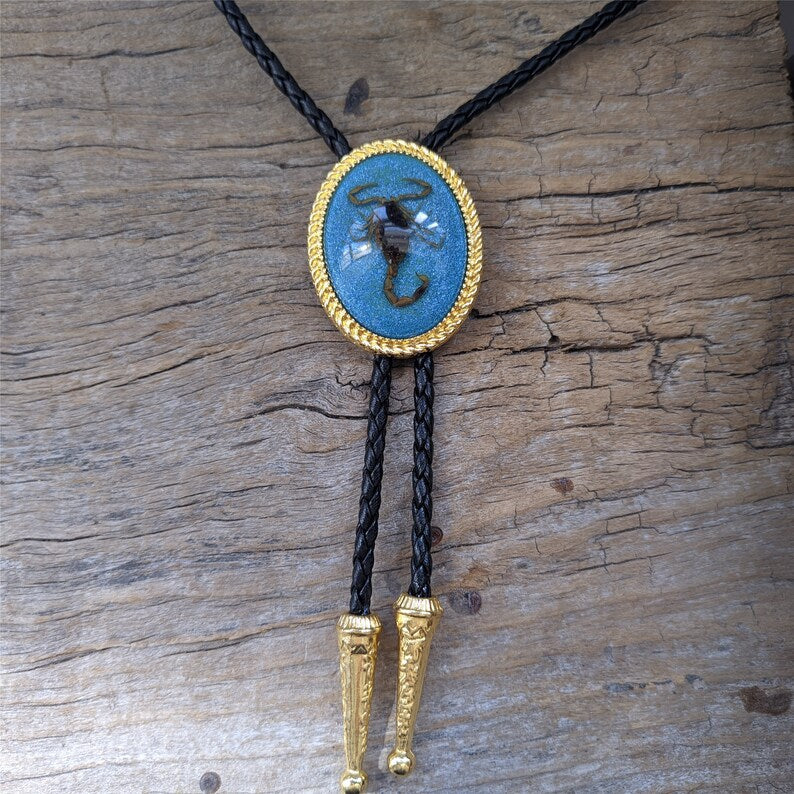 Scorpion Bolo Tie: Golden Blue Western Cowboy Necktie