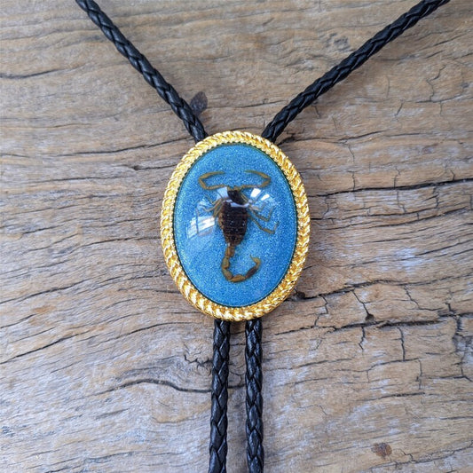 Scorpion Bolo Tie: Golden Blue Western Cowboy Necktie