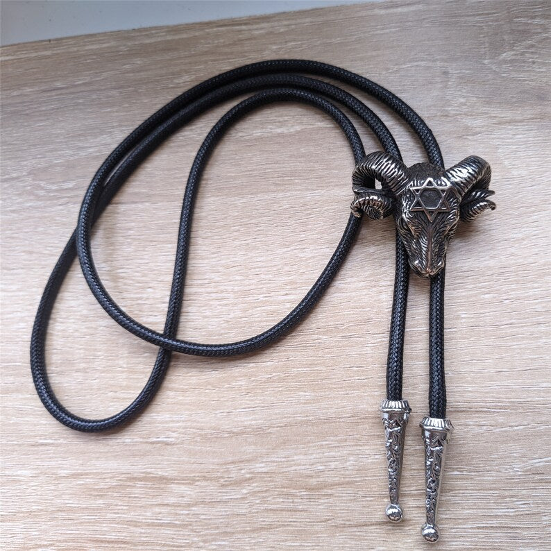 Hexagram Ram Head Bolo Tie: Silver