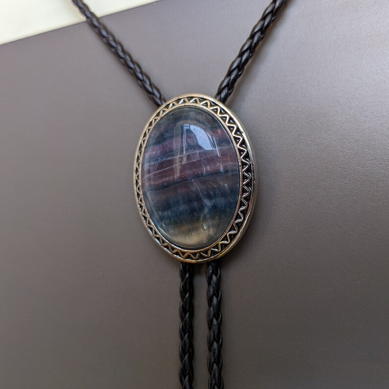 Rainbow Fluorite Bolo Tie: Western Cowboy Necklace, PU Leather
