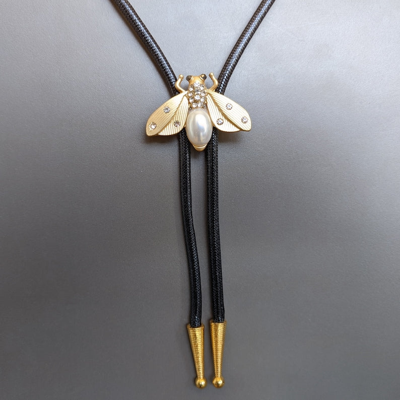 Pearl Firefly Bolo Tie: Silver Alloy Western Necklace