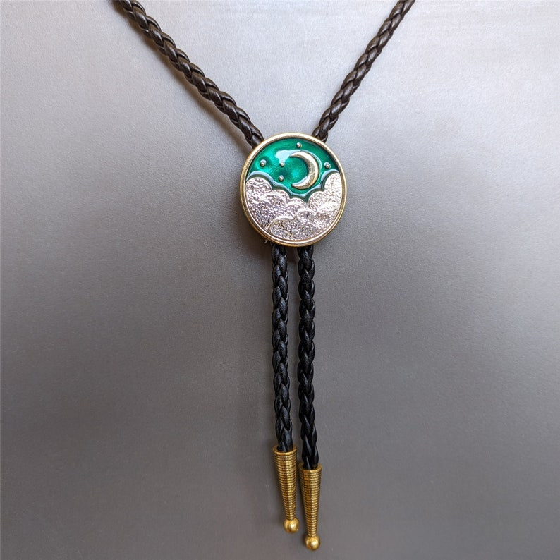 Cloud & Moon Bolo Tie: Western Cowboy Faux Leather Necklace