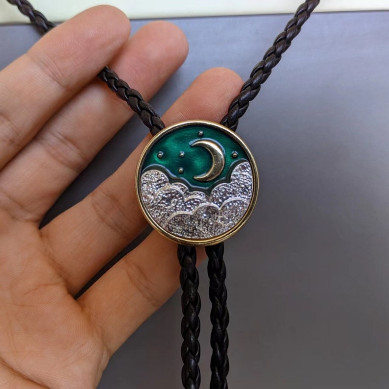 Cloud & Moon Bolo Tie: Western Cowboy Faux Leather Necklace
