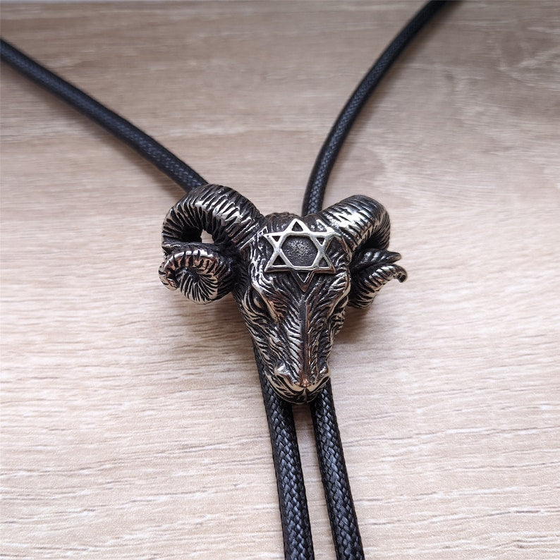 Hexagram Ram Head Bolo Tie: Silver
