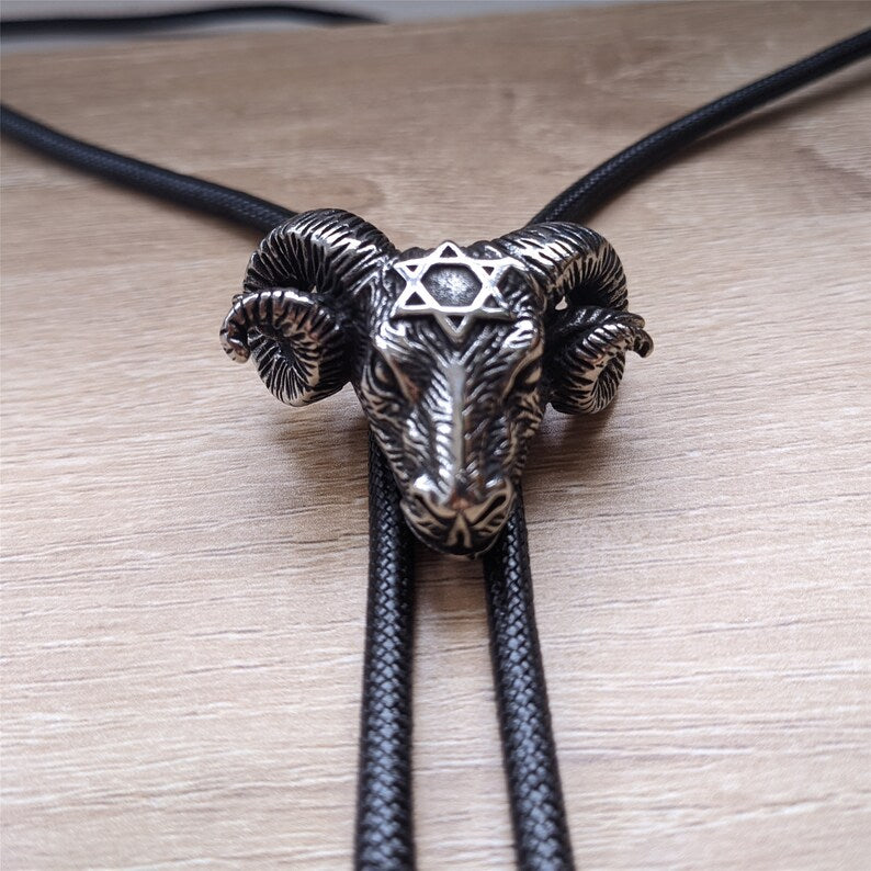Hexagram Ram Head Bolo Tie: Silver