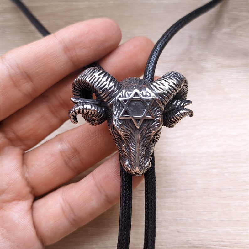 Hexagram Ram Head Bolo Tie: Silver
