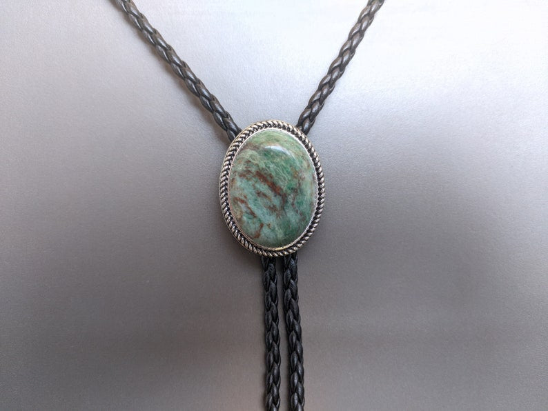 Amazon Jade Bolo Tie: Silver-Plated Faux Leather Western Necktie