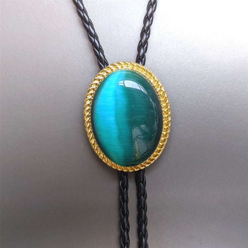 Blue Cat-eye Stone Bolo Tie: Western Cowboy Faux Leather Necklace
