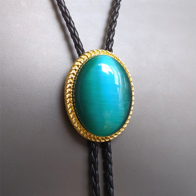 Blue Cat-eye Stone Bolo Tie: Western Cowboy Faux Leather Necklace