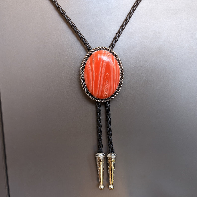Red Jasper Stone Bolo Tie: Silver Plated Western Cowboy Necktie