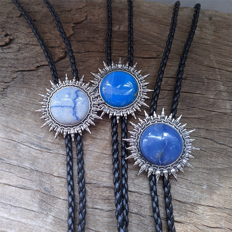 Sun Mount Blue Ocean Stone Bolo Tie: Western Cowboy Necklace