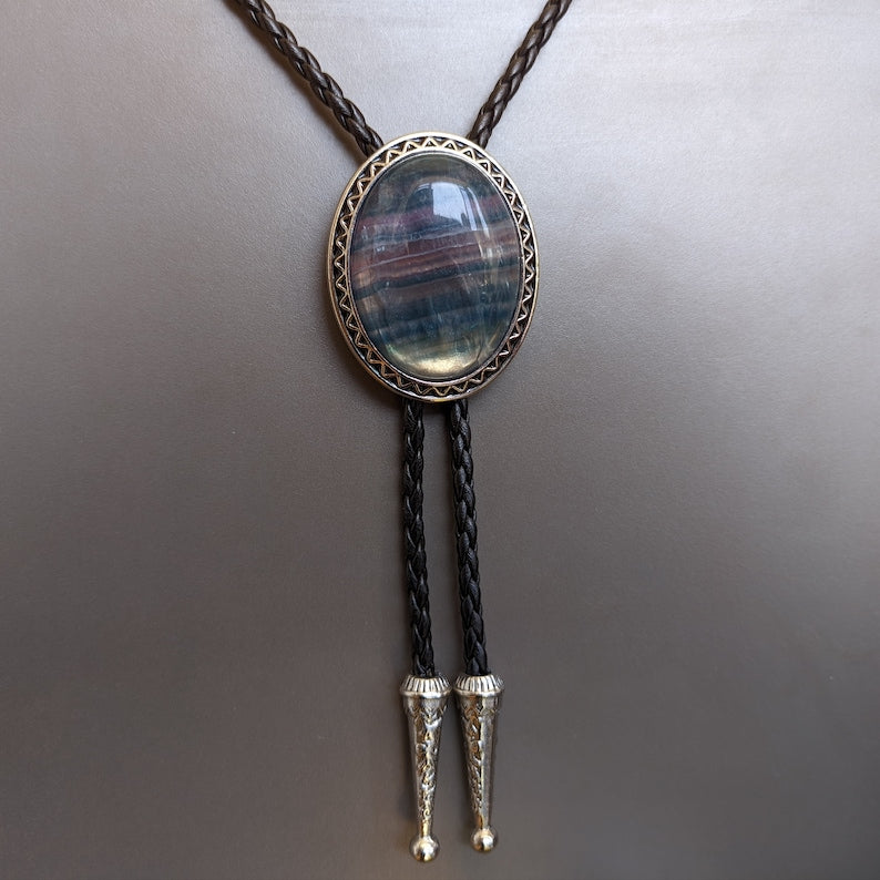 Rainbow Fluorite Bolo Tie: Western Cowboy Necklace, PU Leather