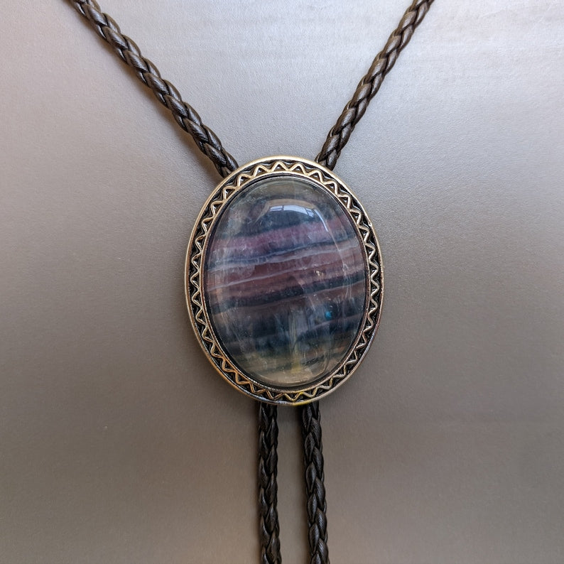 Rainbow Fluorite Bolo Tie: Western Cowboy Necklace, PU Leather