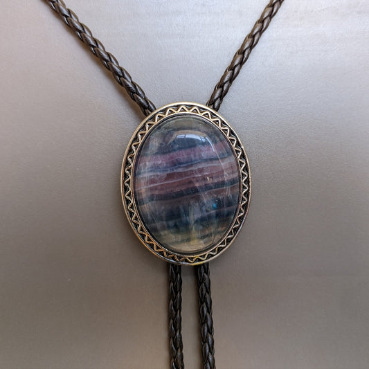 Rainbow Fluorite Bolo Tie: Western Cowboy Necklace, PU Leather