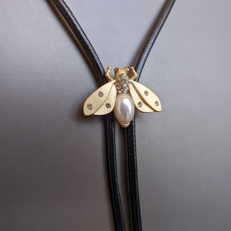 Pearl Firefly Bolo Tie: Silver Alloy Western Necklace
