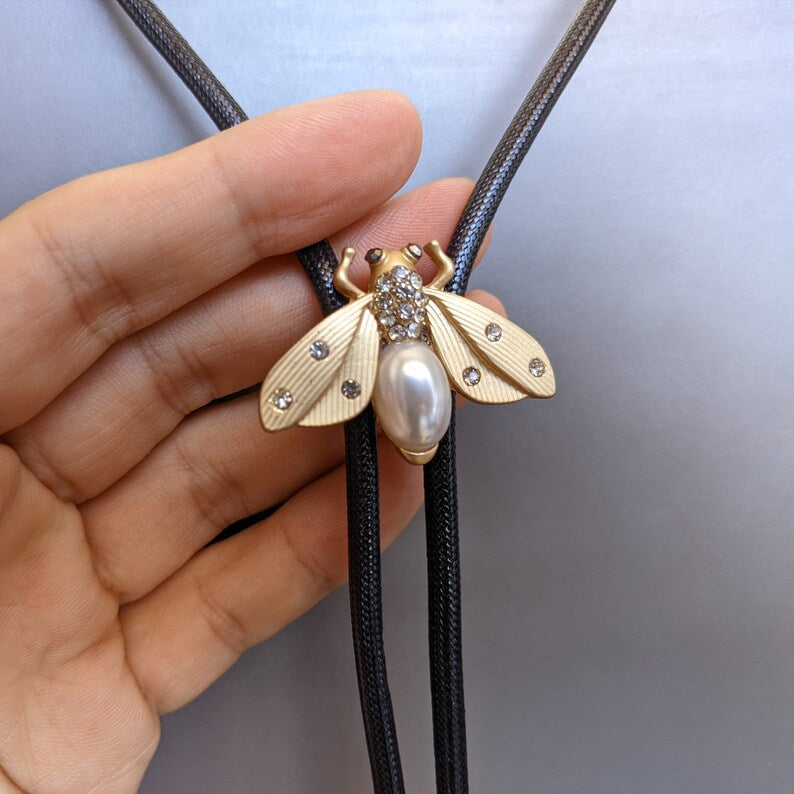 Pearl Firefly Bolo Tie: Silver Alloy Western Necklace