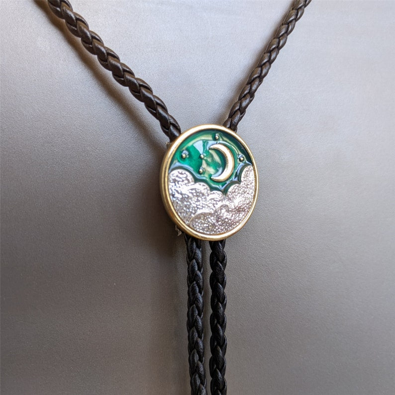 Cloud & Moon Bolo Tie: Western Cowboy Faux Leather Necklace