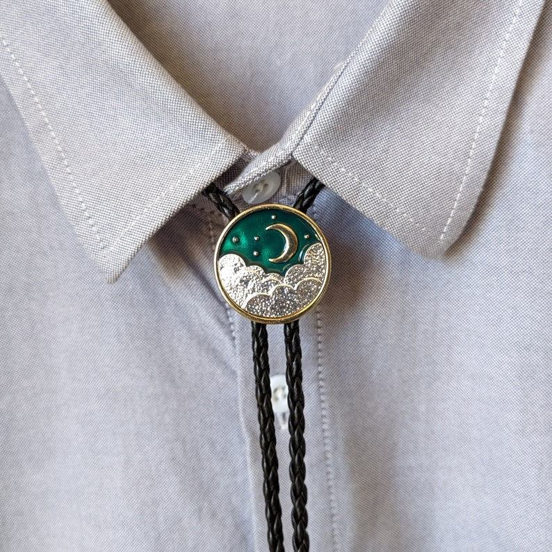 Cloud & Moon Bolo Tie: Western Cowboy Faux Leather Necklace