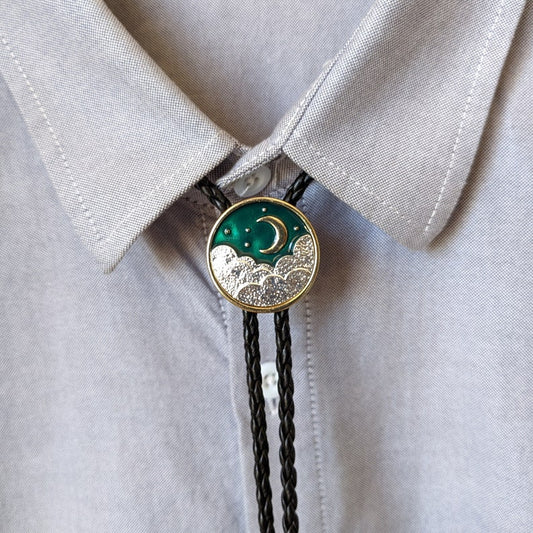 Cloud & Moon Bolo Tie: Western Cowboy Faux Leather Necklace